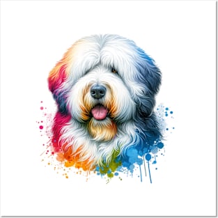 Bright Watercolor Old English Sheepdog Posters and Art